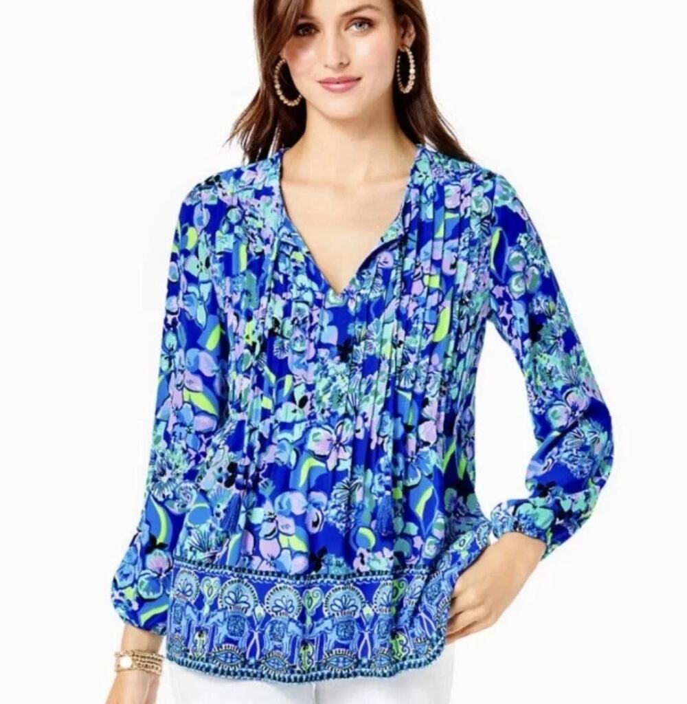 Lilly Pulitzer Marlina Top Womens XL Grotto Twilight Tropics Pintucked Tassel